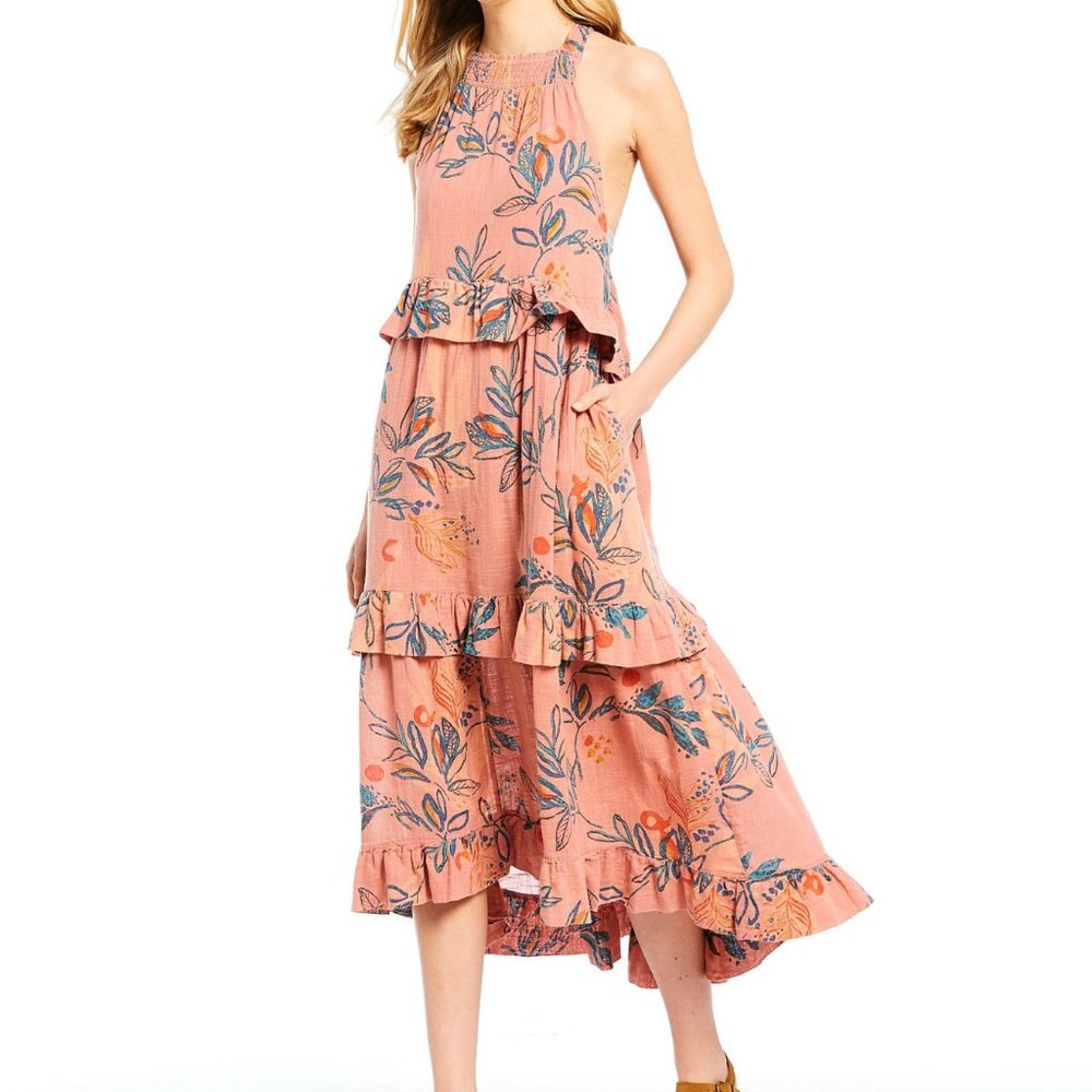 Free People Mauve Anita Floral Tiered A-Line Maxi Dress - S